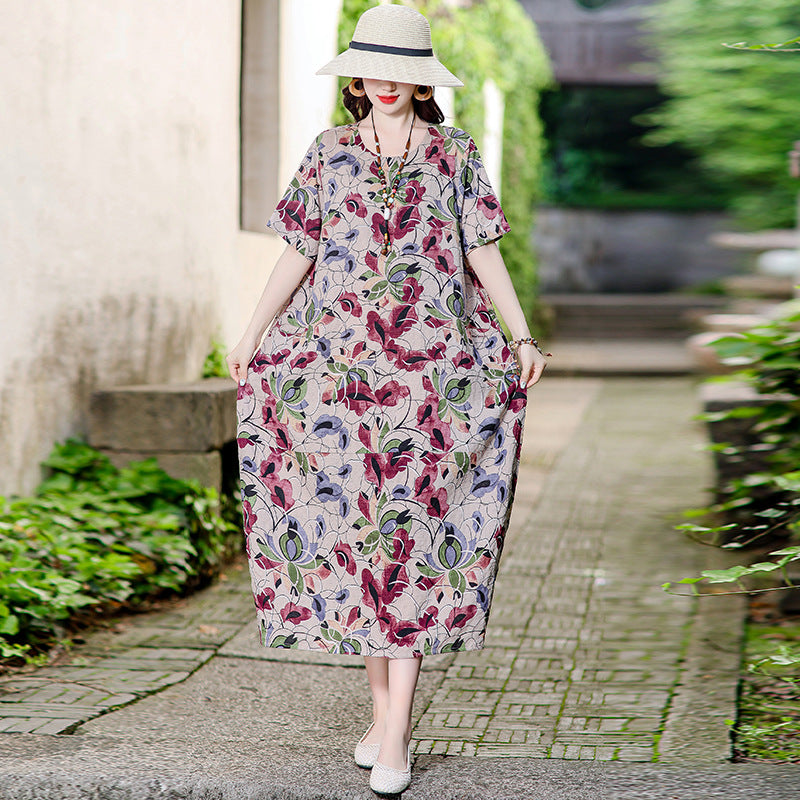 XL-5XL 2024 Rochie florală de vară din bumbac și in, fustă la modă din in și ramie