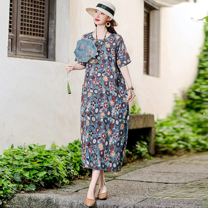 XL-5XL 2024 Rochie florală de vară din bumbac și in, fustă la modă din in și ramie