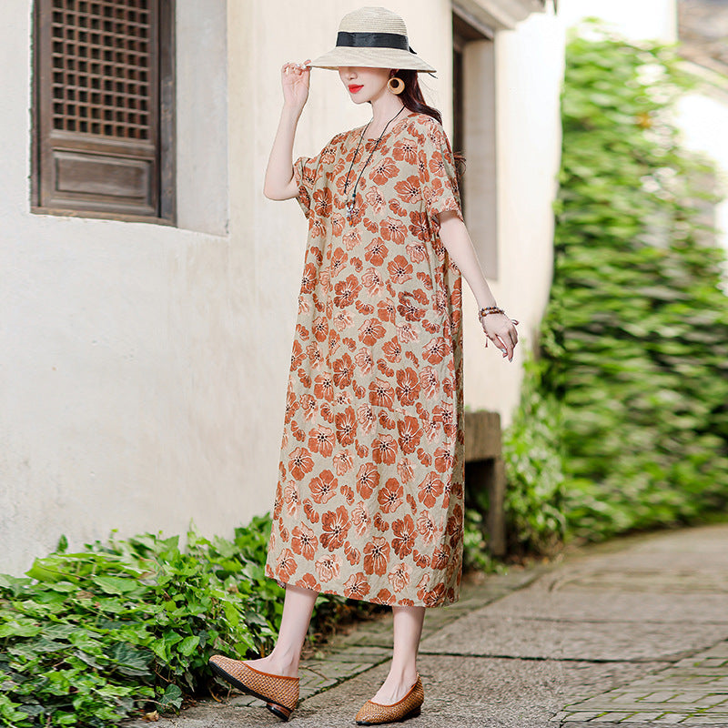 XL-5XL 2024 Rochie florală de vară din bumbac și in, fustă la modă din in și ramie