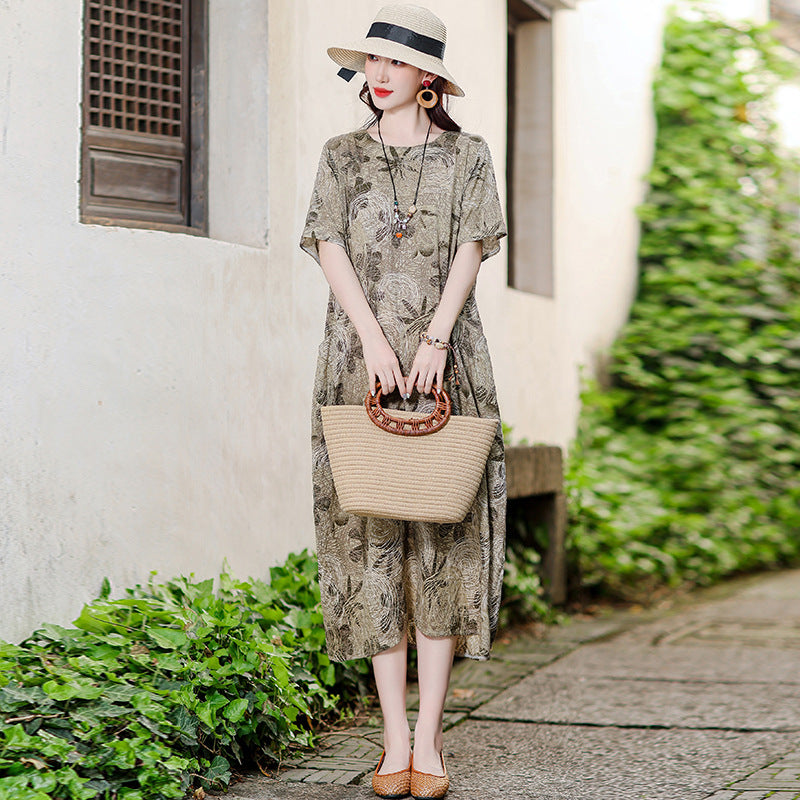 XL-5XL 2024 Rochie florală de vară din bumbac și in, fustă la modă din in și ramie