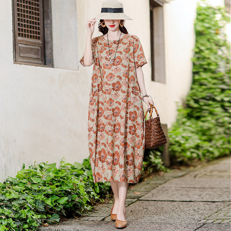 XL-5XL 2024 Rochie florală de vară din bumbac și in, fustă la modă din in și ramie