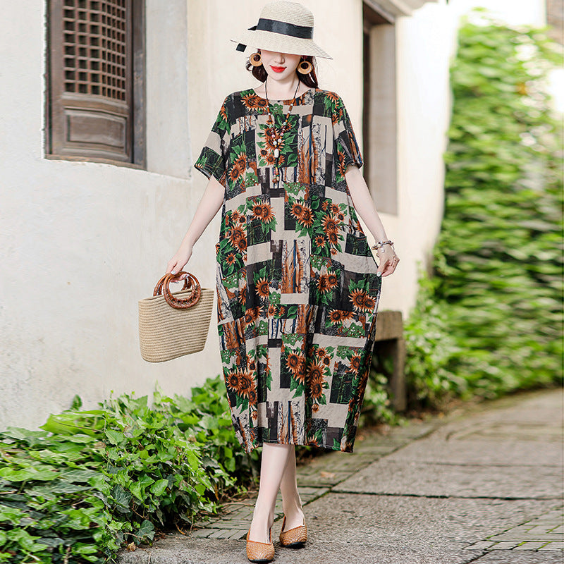 XL-5XL 2024 Rochie florală de vară din bumbac și in, fustă la modă din in și ramie