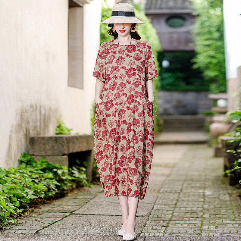 XL-5XL 2024 Rochie florală de vară din bumbac și in, fustă la modă din in și ramie