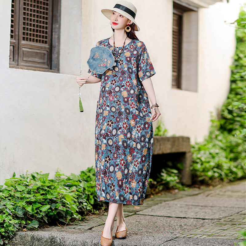 XL-5XL 2024 Rochie florală de vară din bumbac și in, fustă la modă din in și ramie