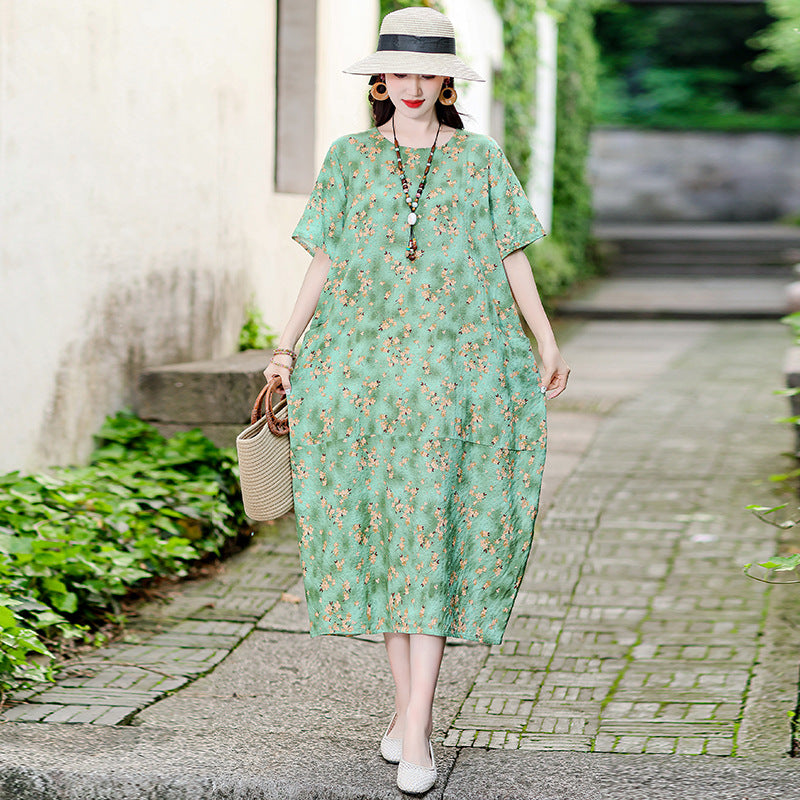 XL-5XL 2024 Rochie florală de vară din bumbac și in, fustă la modă din in și ramie