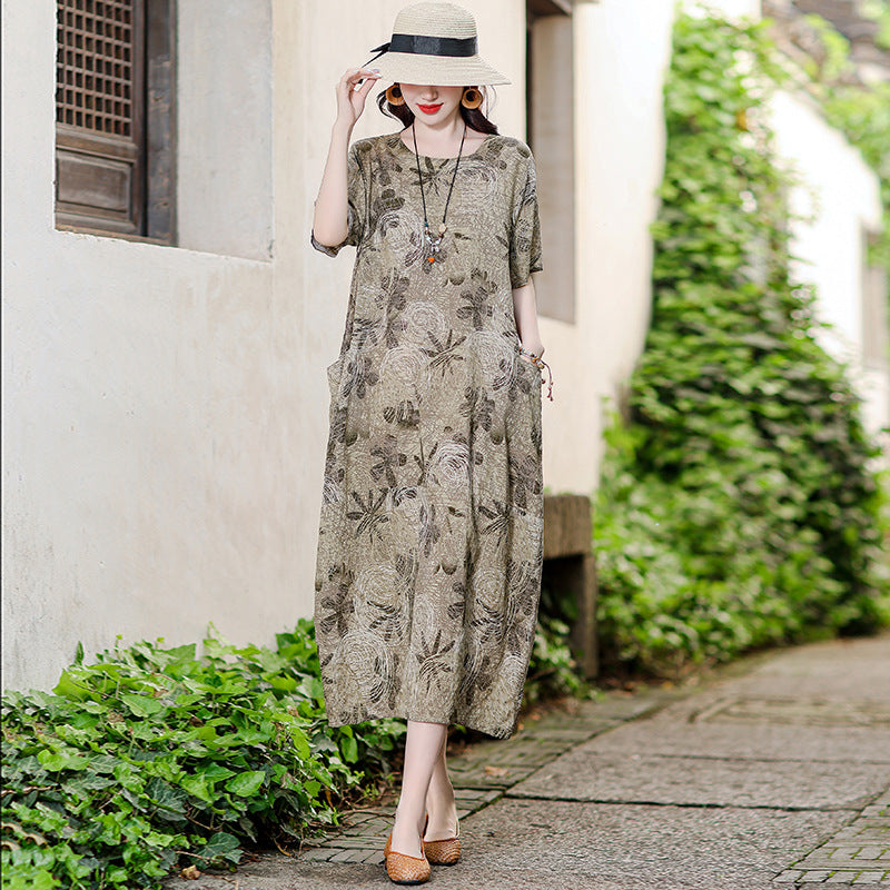 XL-5XL 2024 Rochie florală de vară din bumbac și in, fustă la modă din in și ramie