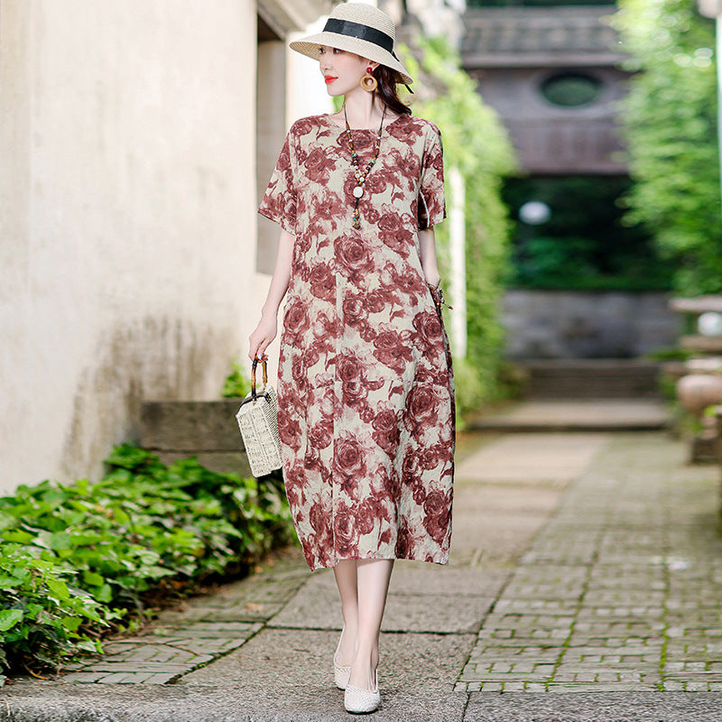 XL-5XL 2024 Rochie florală de vară din bumbac și in, fustă la modă din in și ramie