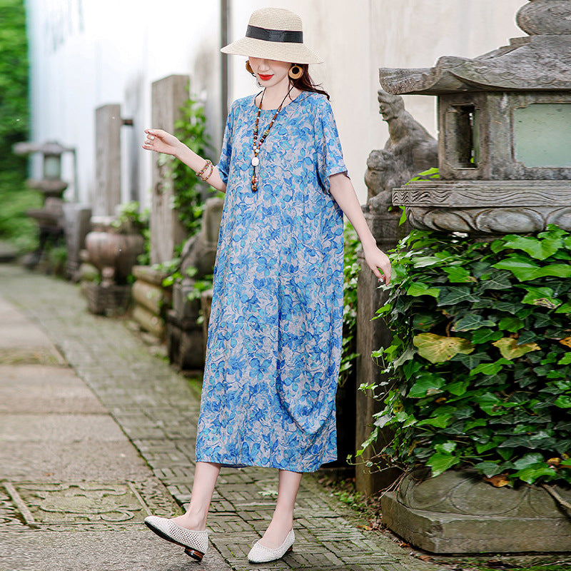 XL-5XL 2024 Rochie florală de vară din bumbac și in, fustă la modă din in și ramie