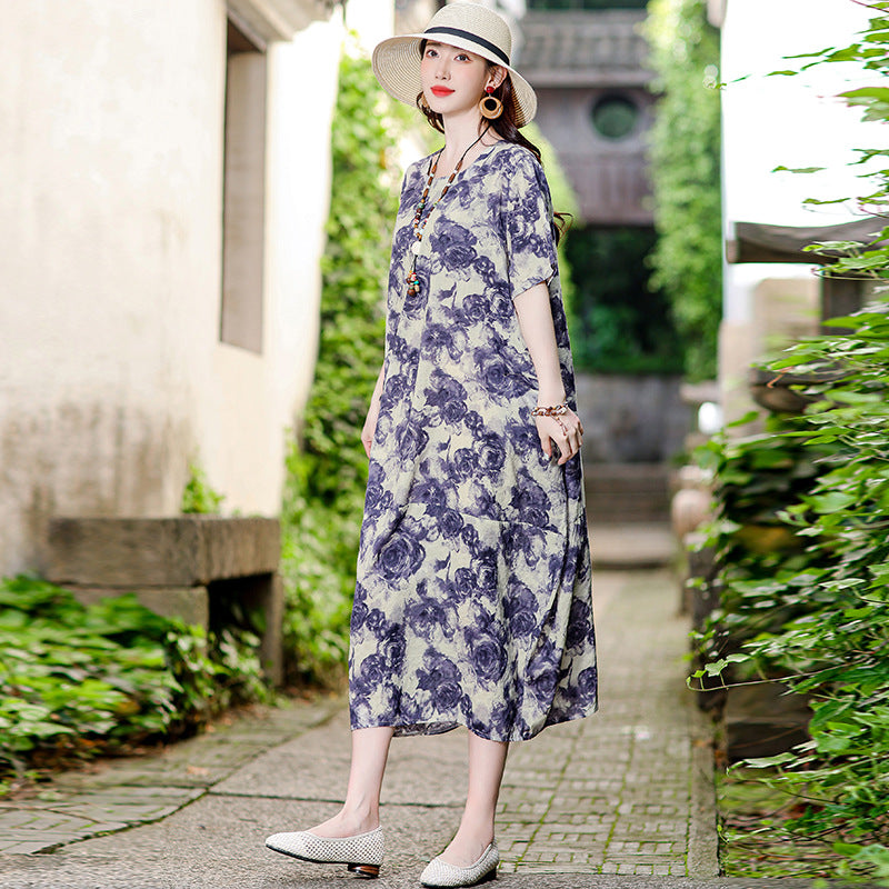 XL-5XL 2024 Rochie florală de vară din bumbac și in, fustă la modă din in și ramie