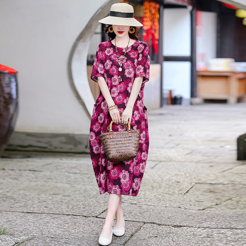 XL-5XL 2024 Rochie florală de vară din bumbac și in, fustă la modă din in și ramie