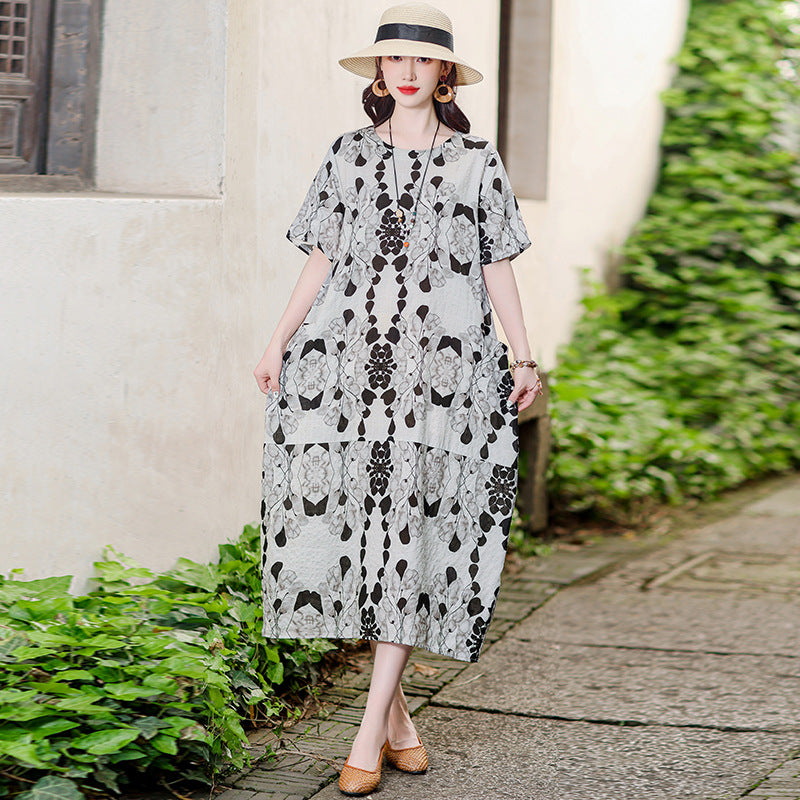XL-5XL 2024 Rochie florală de vară din bumbac și in, fustă la modă din in și ramie
