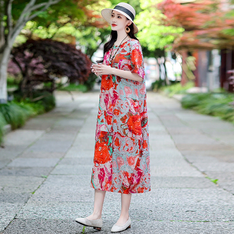 XL-5XL 2024 Rochie florală de vară din bumbac și in, fustă la modă din in și ramie