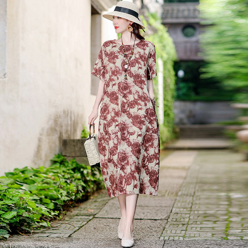 XL-5XL 2024 Rochie florală de vară din bumbac și in, fustă la modă din in și ramie