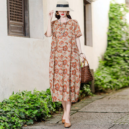 XL-5XL 2024 Rochie florală de vară din bumbac și in, fustă la modă din in și ramie