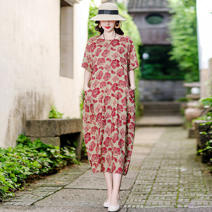 XL-5XL 2024 Rochie florală de vară din bumbac și in, fustă la modă din in și ramie
