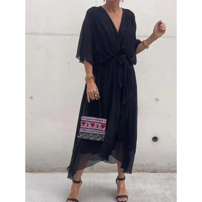 【50%OFF】【S-5XL】Νυχτερίδα μανίκι δαντέλα πολύχρωμο σιφόν φόρεμα