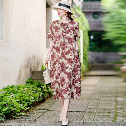 XL-5XL 2024 Rochie florală de vară din bumbac și in, fustă la modă din in și ramie
